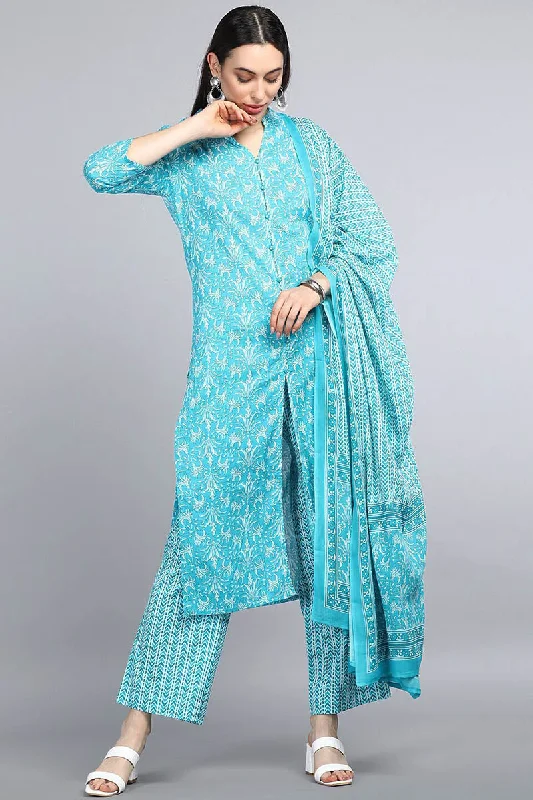 Women's Turquoise Blue Ethnic Motifs Printed Pure Cotton Kurta With Pants Dupatta - Ahika Stretch Fit Pants