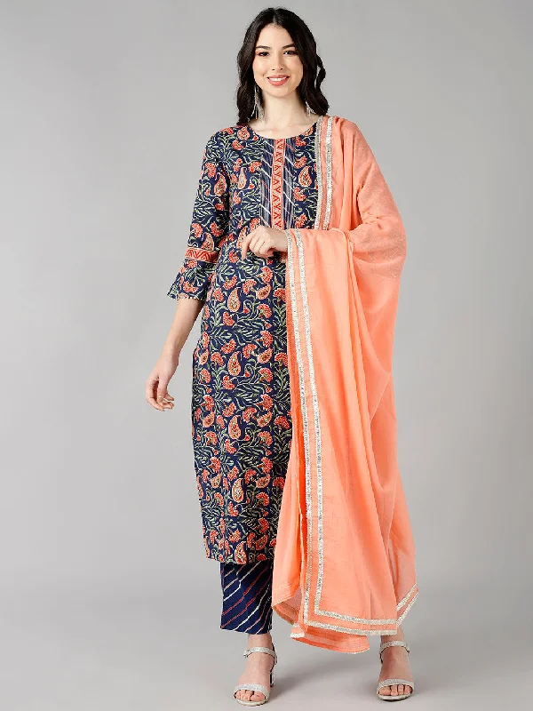 Women's Cotton Printed Kurta Pant Dupatta Set - Ahika Fashionable Sporty Pants