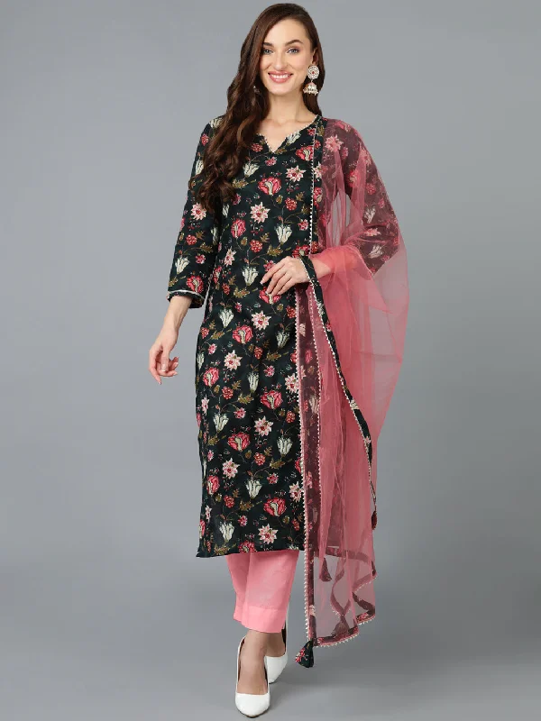 Women's Cotton Blend Black Floral Printed Straight Kurta Pant With Dupatta - Ahika Elegant Trouser Pants