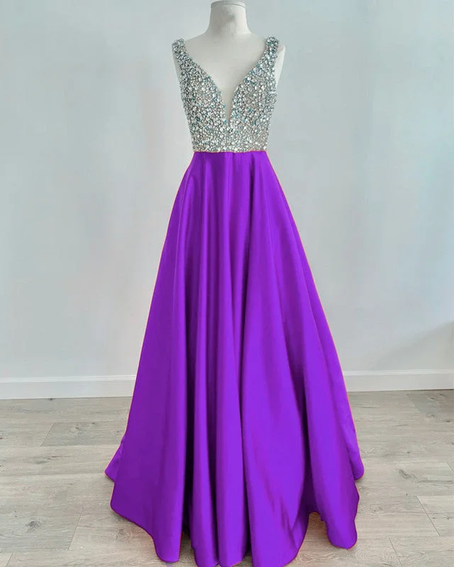 Beaded V Neck Long Satin Violet Prom Dresses Tunics Mesh breathable