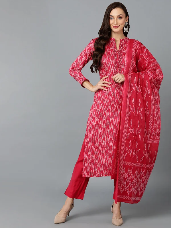 Women's Silk Blend Rani Pink Straight Kurta Pant With Dupatta - Ahika Comfortable Pleated Pants
