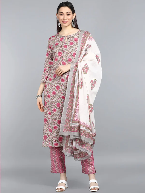 Women's Pure Cotton Printed Kurta Pant Dupatta Set - Ahika Stylish Paperbag Waist Pants