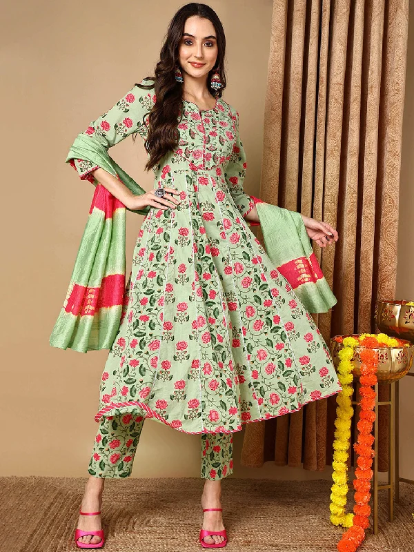 Women's Green Pure Cotton Floral Printed Yoke Design Kurta Pant With Dupatta  - Ahika Classic Pleated Pants