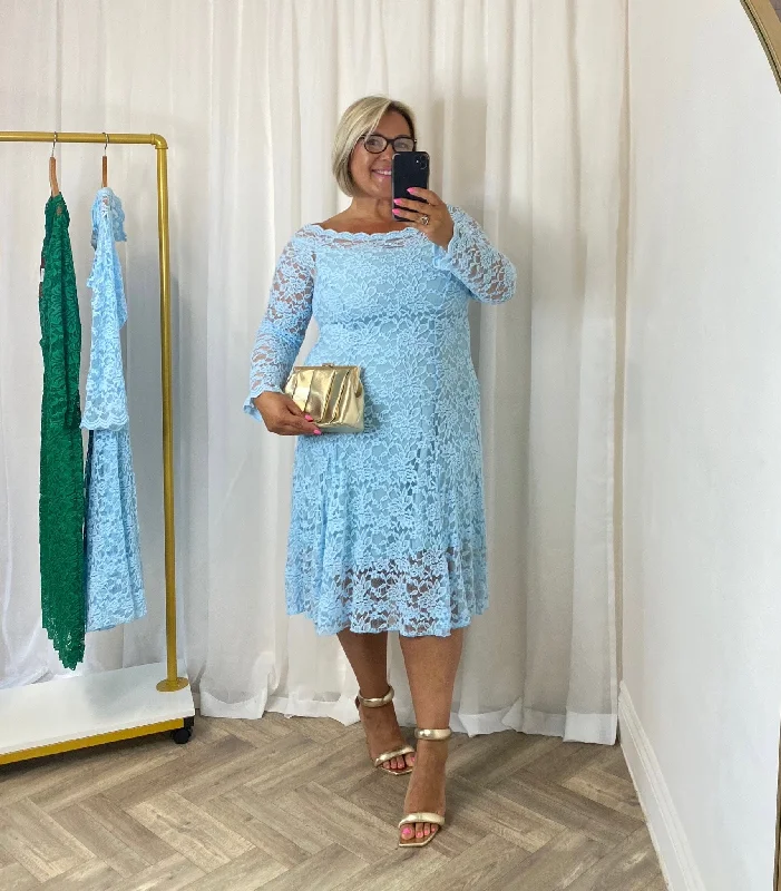 Full Lace Sky Blue - Bardot Skater Dress Tunics Denim casual