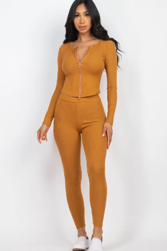 Ribbed Long Sleeve Top with Zip Front & Leggings Ensemble Stylish Yoga Leggings