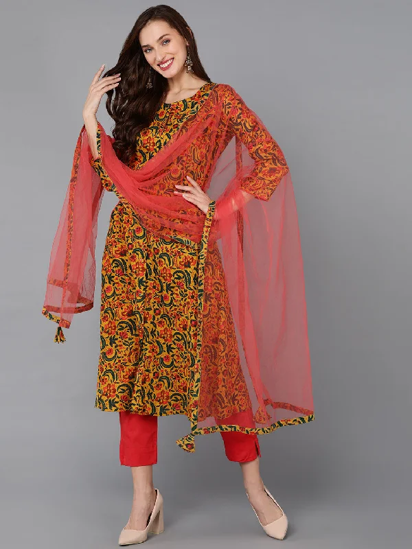 Women's Cotton Blend Floral Printed Kurta Pants With Dupatta - Ahika Casual Sweatpants Style