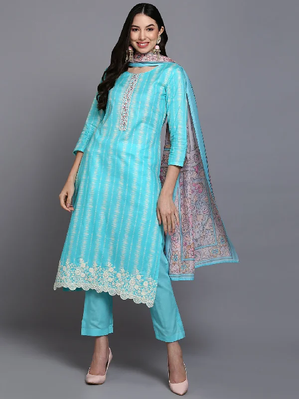 Women's Cotton Turquoise Blue Printed Straight Kurta Pant With Dupatta - Ahika Classic Straight-Leg Pants