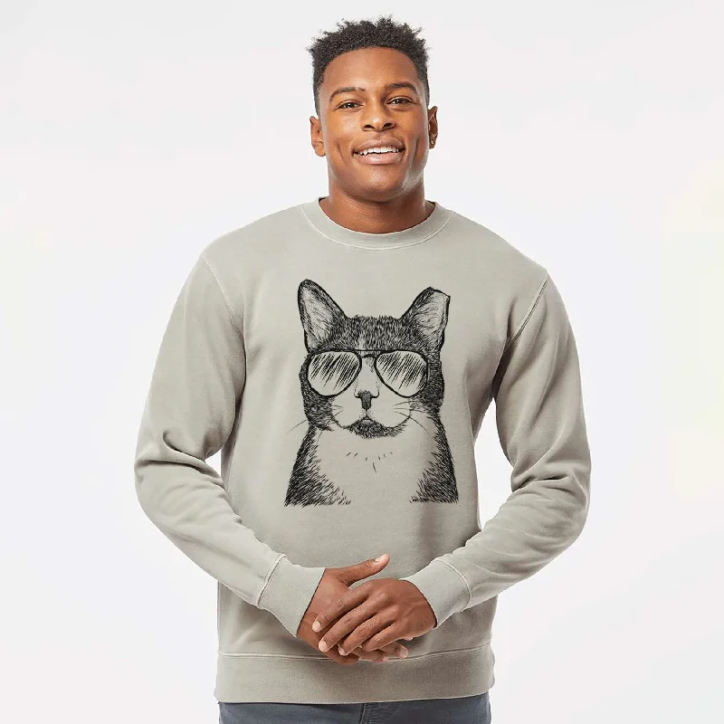 Aviator Pinky the Tuxedo Cat - Unisex Pigment Dyed Crew Sweatshirt Hoodie with Snap Buttons Easy Quick