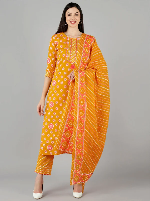 Women's Cotton Printed Kurta Pant Dupatta Set - Ahika Stylish Slim Trousers