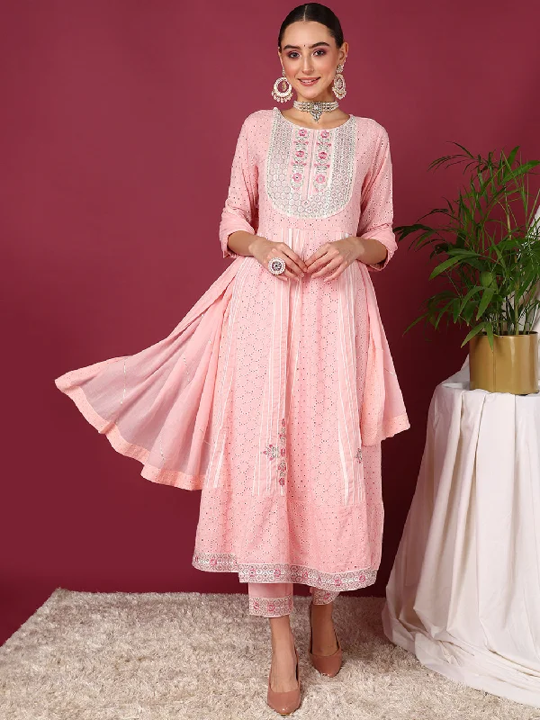 Women's Pink Pure Cotton Ethnic Motifs Printed Yoke Design A-Line Kurta Pant With Dupatta - Ahika Comfortable Jogging Pants