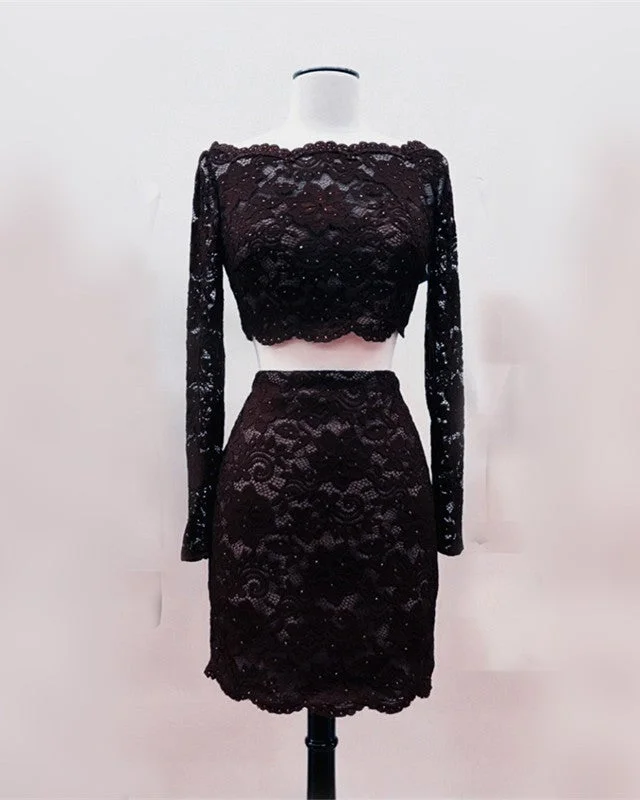 Short Black Lace Two Piece Prom Dress Tunics Fleece cozy