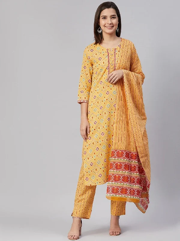 Women's Cotton Printed Kurta Pant Dupatta Set - Ahika Soft Wool Pants