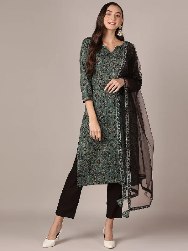 Women's Green Pure Cotton Ethnic Motifs Printed Straight Kurta Pant With Dupatta - Ahika Relaxed High-Waist Trousers