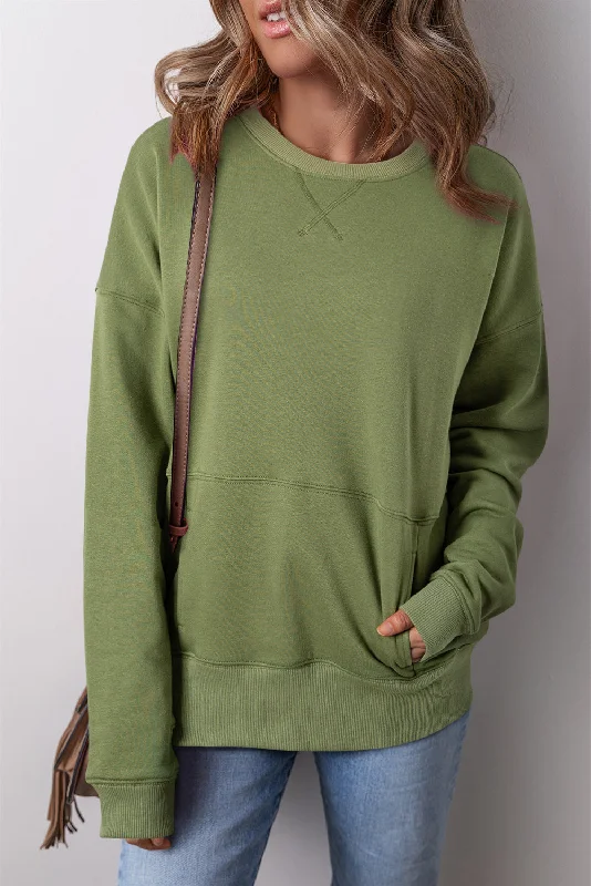 Kangaroo Pocket Sweatshirt - Green Hoodie with Hem Frayed Vintage Worn
