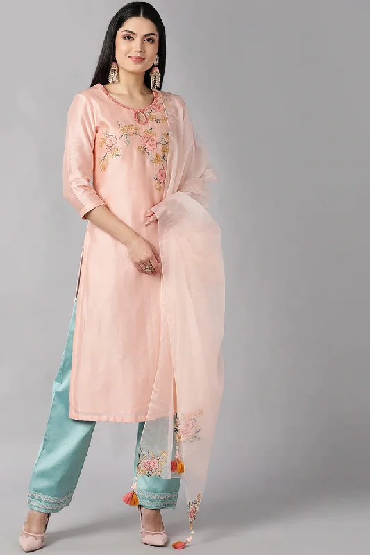 Women's Peach Floral Embroidered Regular Kurti With Pants Dupatta - Ahika Casual Yoga Pants