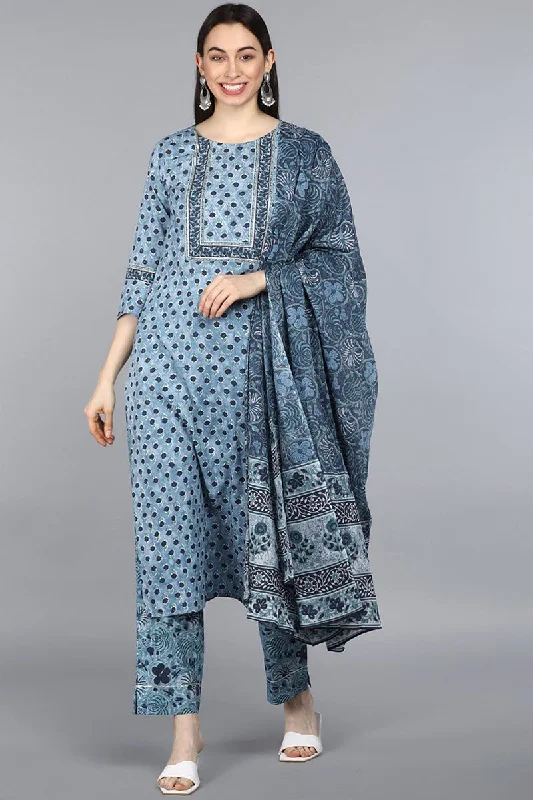 Women's Pure Cotton Printed Kurta Pant Dupatta Set - Ahika Elegant High-Waist Pants