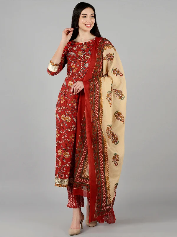 Women's Cotton Printed Kurta Pant Dupatta Set - Ahika Chic Checkered Pants