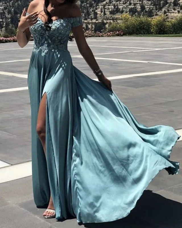 Elegant Turquoise Blue Prom Dresses Satin Split Lace Off Shoulder Tunics Custom made