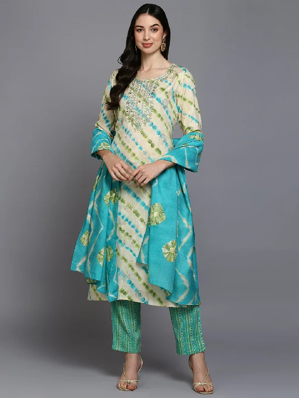 Women's Silk Blend Ivory Embroidered Kurta Pant With Dupatta - Ahika Classic Straight-Leg Pants
