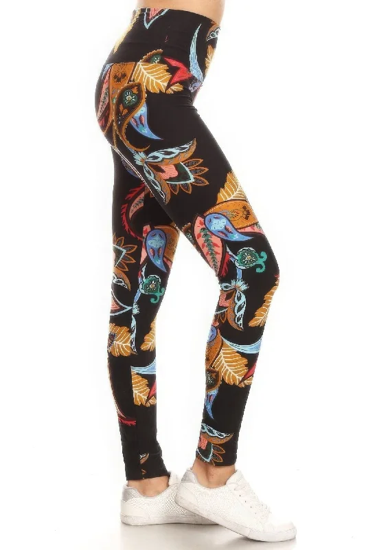 5-inch Long Yoga Style Banded Lined Paisley Floral Printed Knit Legging With High Waist Comfortable Zip-Up Leggings