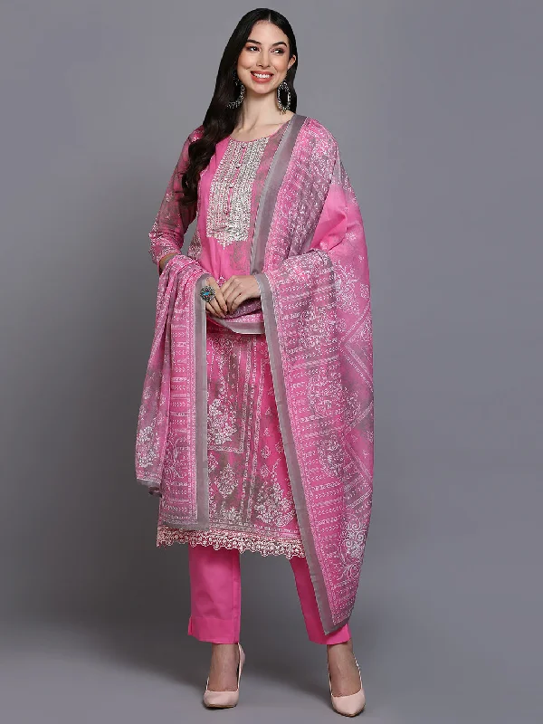 Women's Cotton Pink Printed Straight Kurta Pant With Dupatta - Ahika Formal Stretch Pants