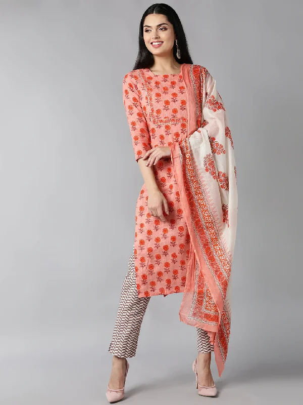 Women's Peach-Coloured Ethnic Motifs Printed Regular Pure Cotton Kurta With Pants With Dupatta - Ahika Chic Capri Pants
