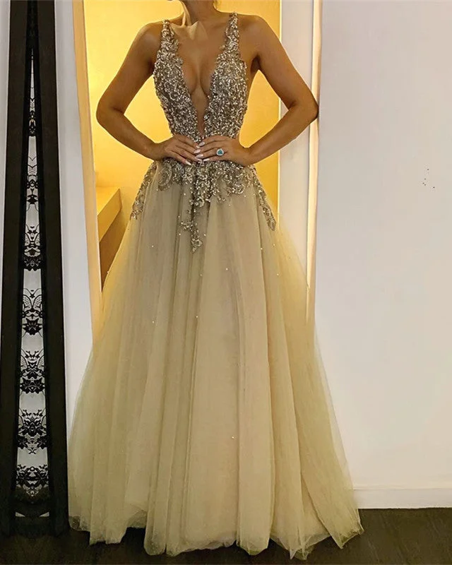 Tulle Floor Length Prom Dresses Plunge Neck Embroidery Beaded Tunics Ceremony elegant