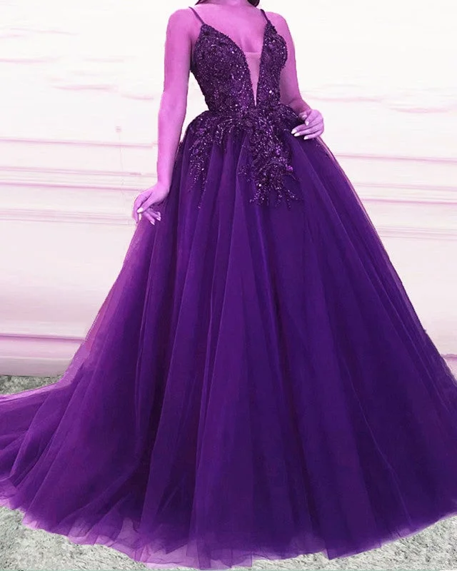 Tulle Ball Gown Prom Dresses Lace V Neck Spaghetti Straps Tunics Chic fashionable
