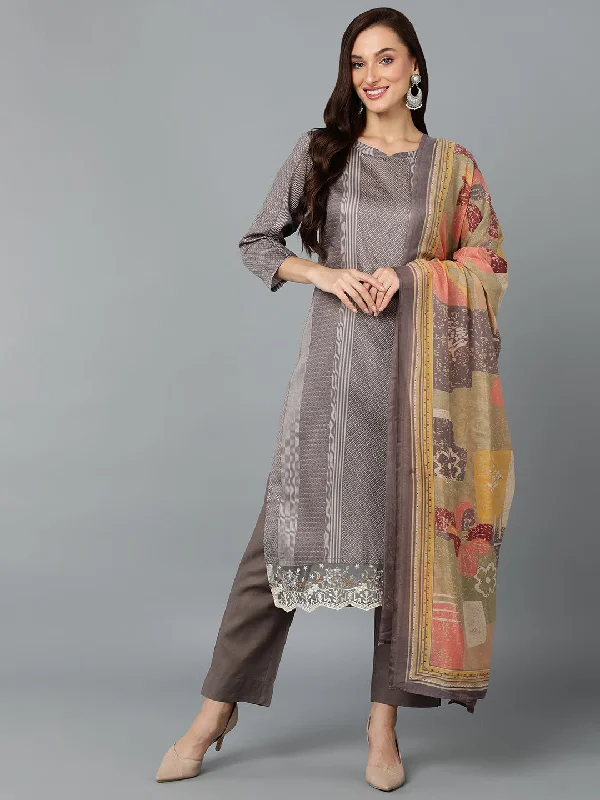 Women's Silk Blend Taupe Printed Straight Kurta Pant With Dupatta - Ahika Fashionable Sporty Pants