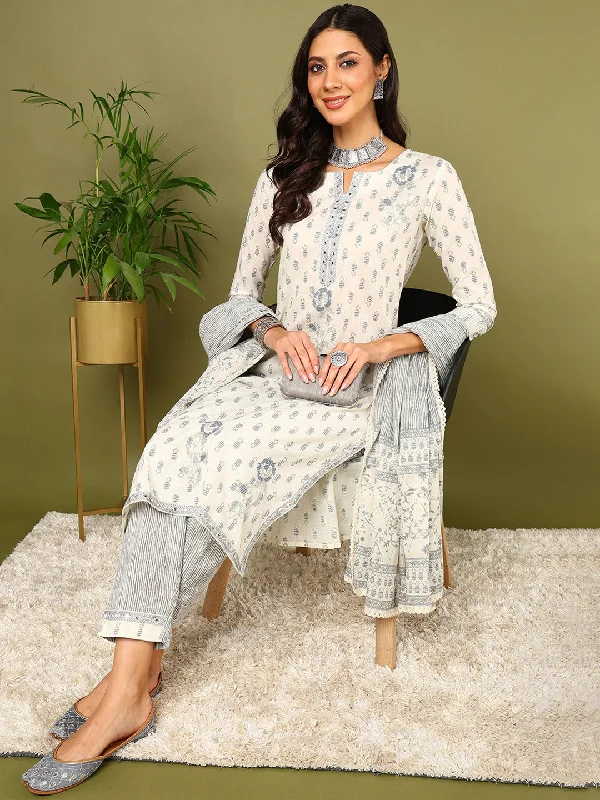 Women's Off White Pure Cotton Striped Printed Kurta Pant With Dupatta - Ahika High-Waist Yoga Pants