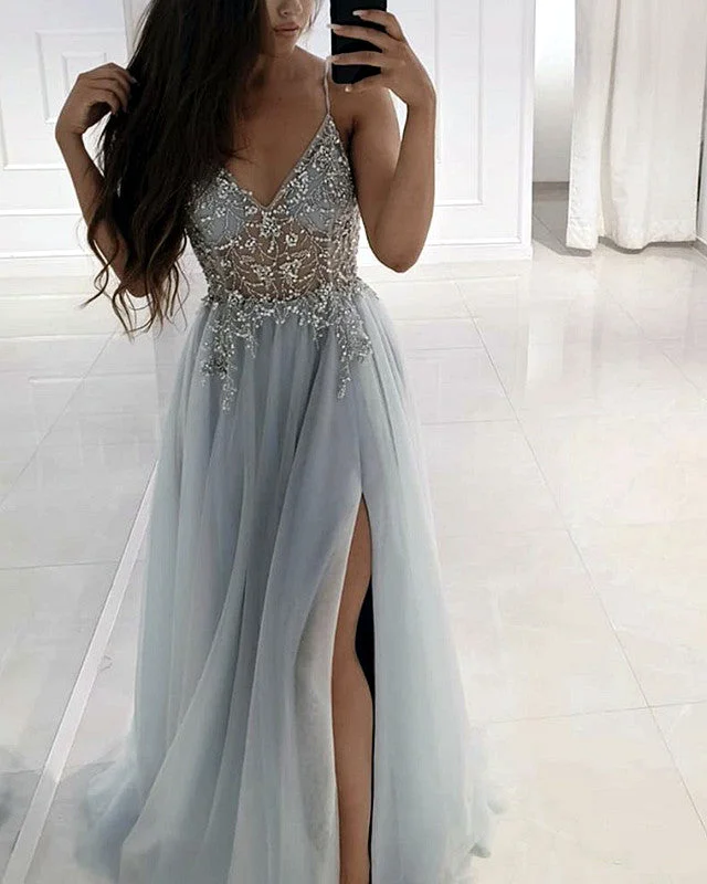 Tulle V Neck Prom Dresses Embroidery Beaded Side Split Tunics Solid Classic