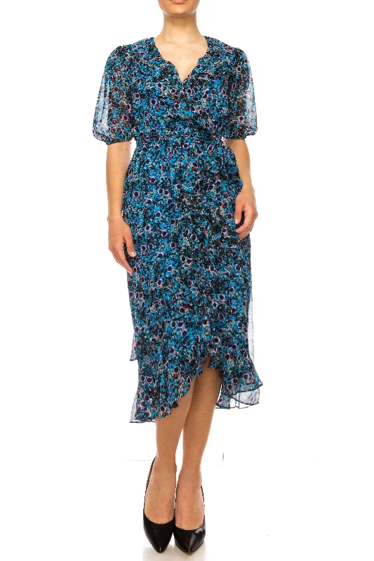 Maison Tara 91673M - Puff Sleeves V-Neck Casual Dress sweetheart Neckline Romantic