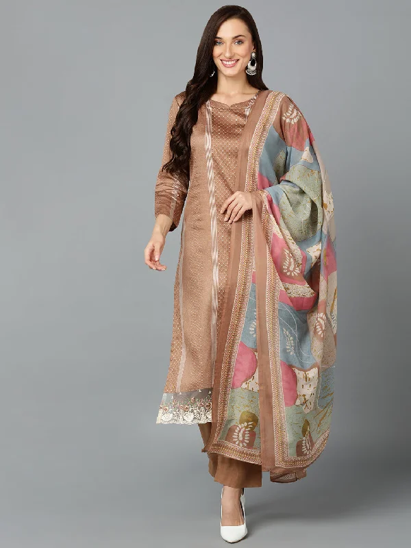 Women's Silk Blend Light Brown Straight Kurta Pant With Dupatta  - Ahika Comfy High-Waist Jeans