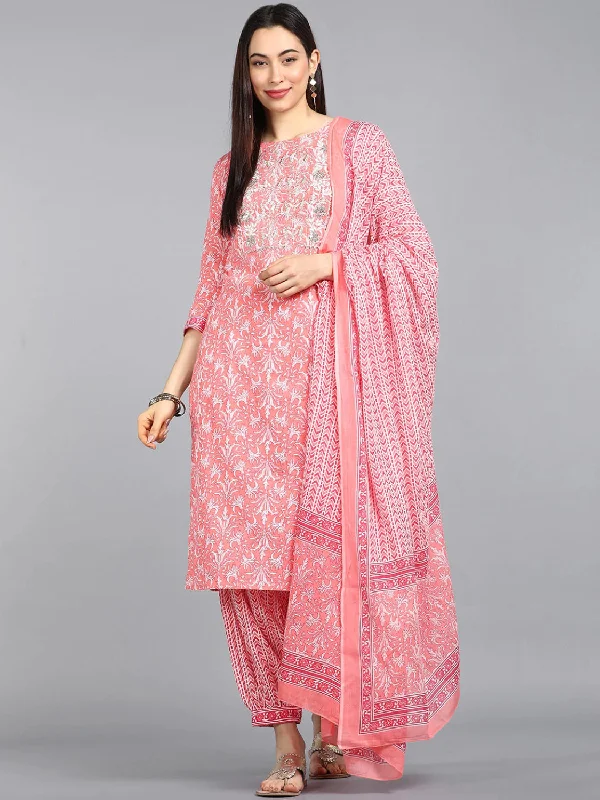 Women's Cotton Printed Embroidered Kurta Pant Dupatta Set - Ahika Comfy Athletic Pants
