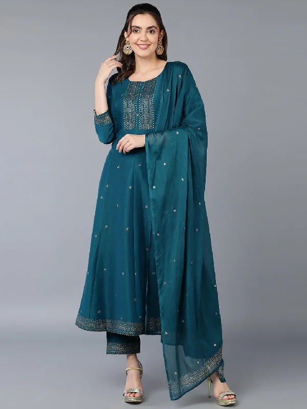 Women's Silk Blend Teal Blue Rogan Work Flared Kurta Pant With Dupatta - Ahika Comfortable Cargo Pants