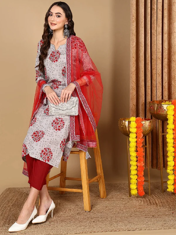 Women's Grey Pure Cotton Geometric Printed Straight Kurta Pant With Dupatta - Ahika Chic Checkered Pants
