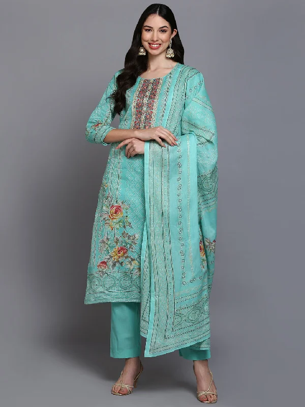 Women's Cotton Green Embroidered Straight Kurta Pant With Dupatta - Ahika Comfortable Jogging Pants