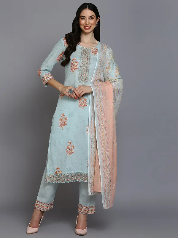 Women's Cotton Blend Blue Printed Straight Kurta Pant With Dupatta - Ahika Fashionable Work Pants