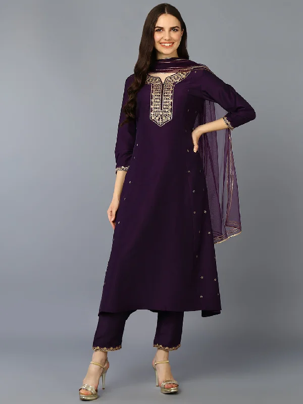 Women's Silk Blend Purple Embroidered Flared Kurta Pant With Dupatta - Ahika Trendy Printed Leggings