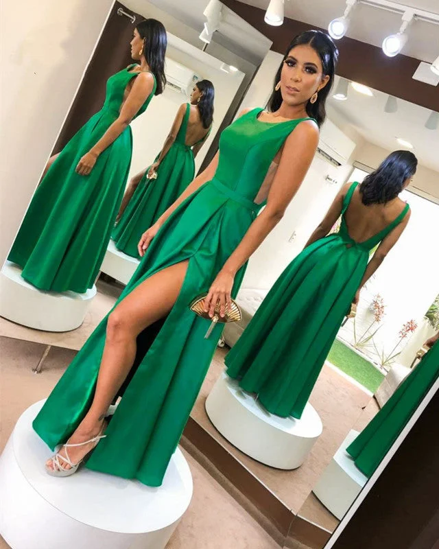 Simple Prom Dresses Satin Split Scoop Neck Tunics Trendy modern