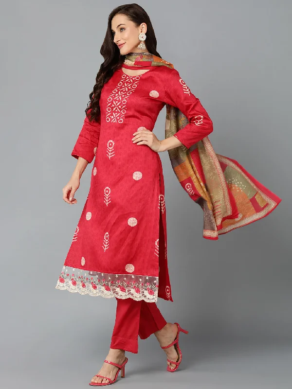 Women's Red Silk Blend Straight Kurta Pant With Dupatta  - Ahika Trendy Work Pants