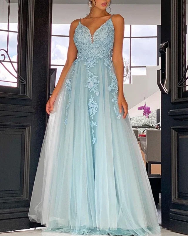 Elegant A-line Prom Long Dresses Tulle V Neck Appliques Tunics Winter warm
