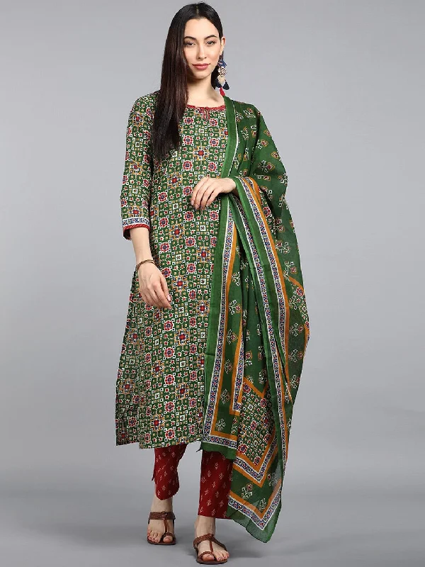 Women's Green Printed Regular Pure Cotton Kurta With Pants With Dupatta - Ahika Casual Sweatpants Style