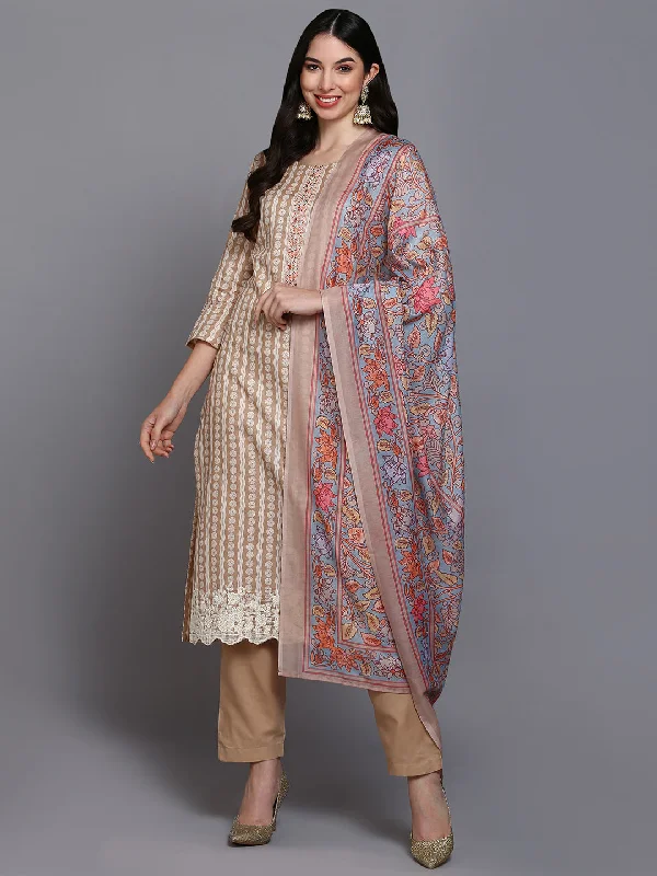 Women's Cotton Beige Printed Straight Kurta Pant With Dupatta - Ahika Cozy Lounge Pants