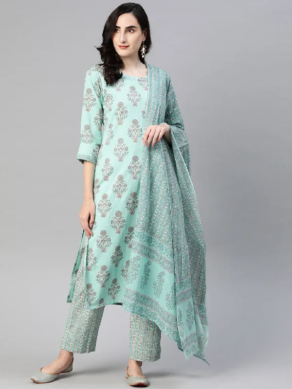 Women's Cotton Printed Kurta Pants And Dupatta Set - Ahika Comfortable Wide-Leg Pants