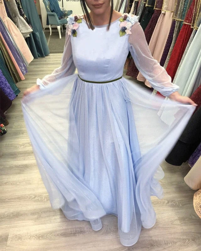 Modest Blue Prom Dresses With Long Sleeves Tunics Prom sequined