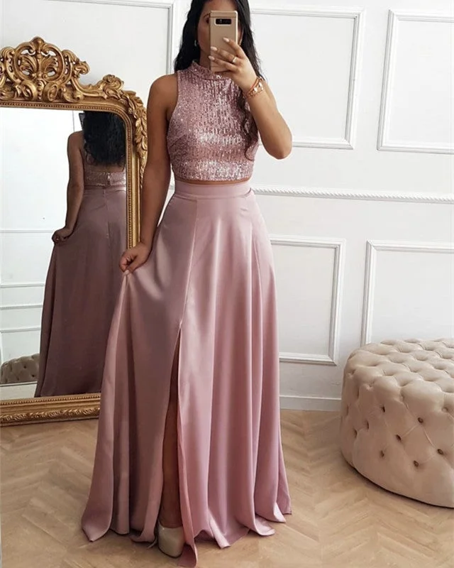 Two Piece Prom Dresses Sequins High Neck Split Skirt Tunics Satin smooth