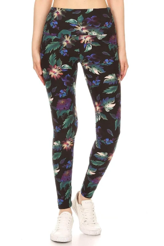 Blue Zone Planet |  Long Yoga Style Banded Lined Floral Printed Knit Legging With High Waist Chic Printed Yoga Pants