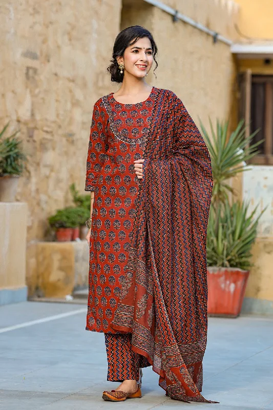 Women's Cotton Blend Printed Kurta Pant Dupatta Set - Ahika Warm Wool Trousers