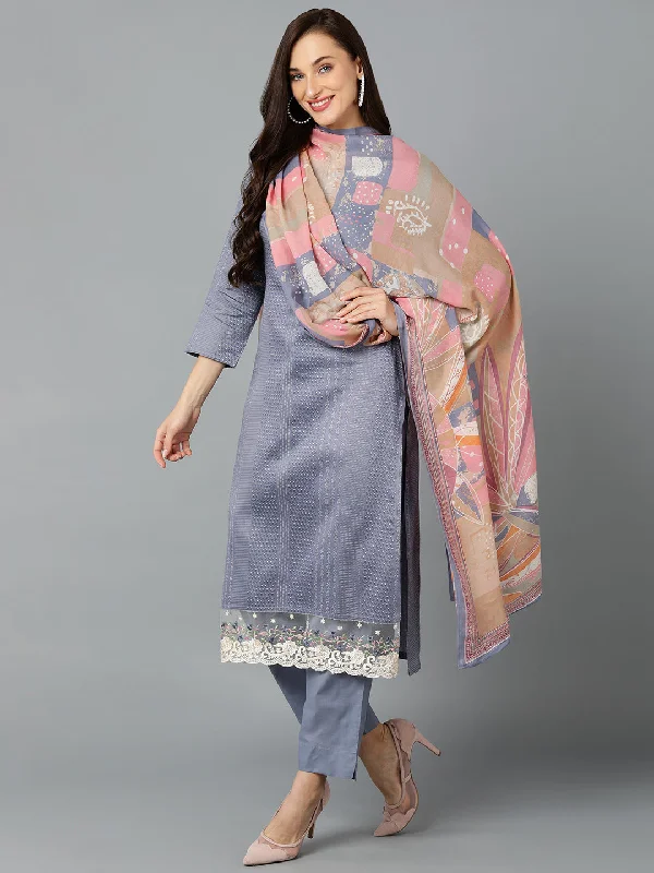 Women's Silk Blend Grey Straight Kurta Pant With Dupatta  - Ahika Chic Checkered Pants